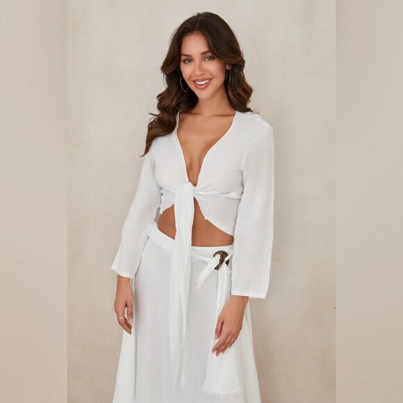 (113108-MOC) LINEN LONG SLEEVE TIE TOP - Picture 3 of 6